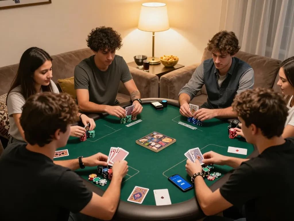 Playing kèo nhà cái 5 poker with friends in a cozy home setting, highlighting competitive strategy.