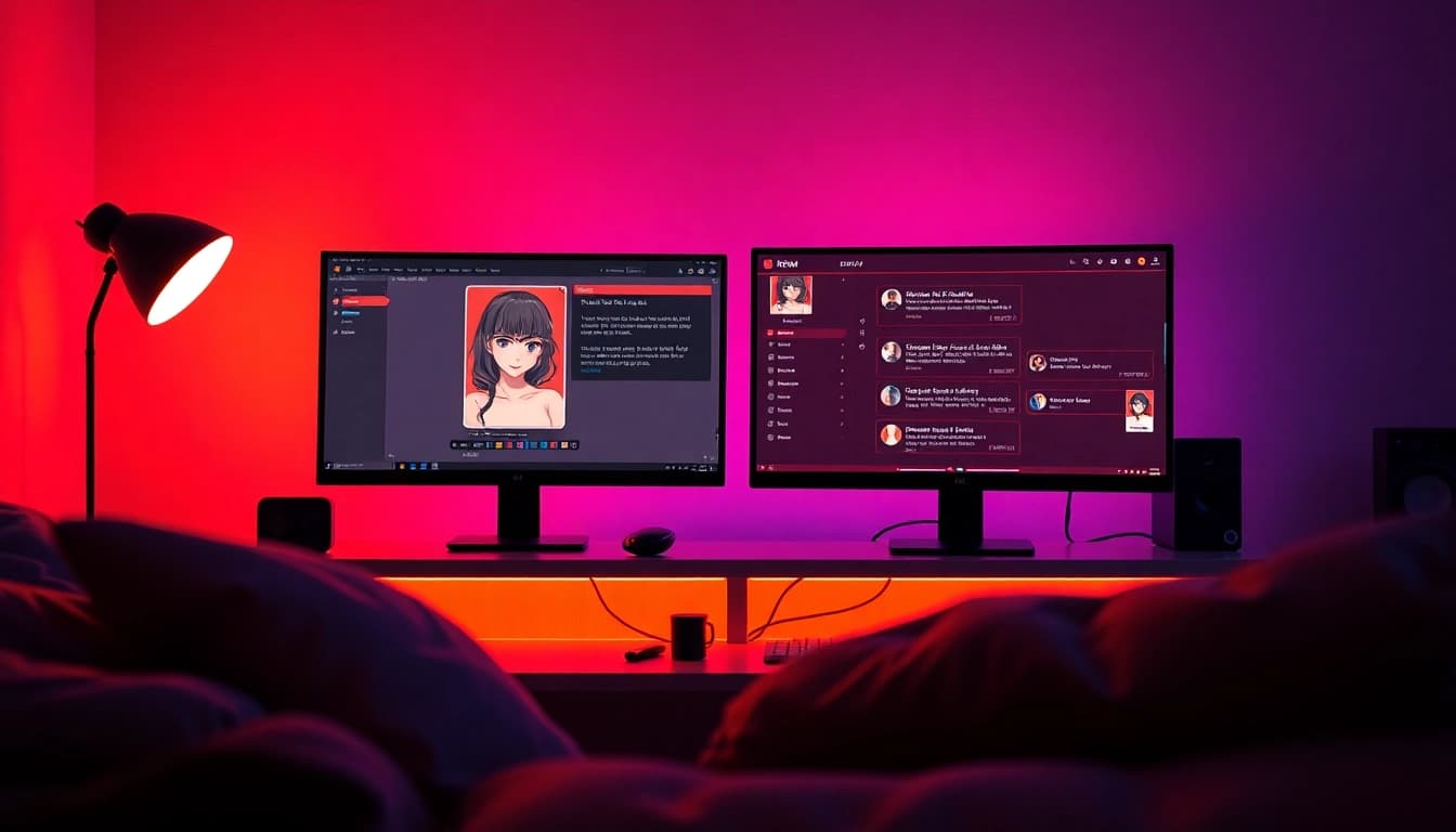 NSFW roleplay scene featuring cozy digital setup and interactive character chat interface.