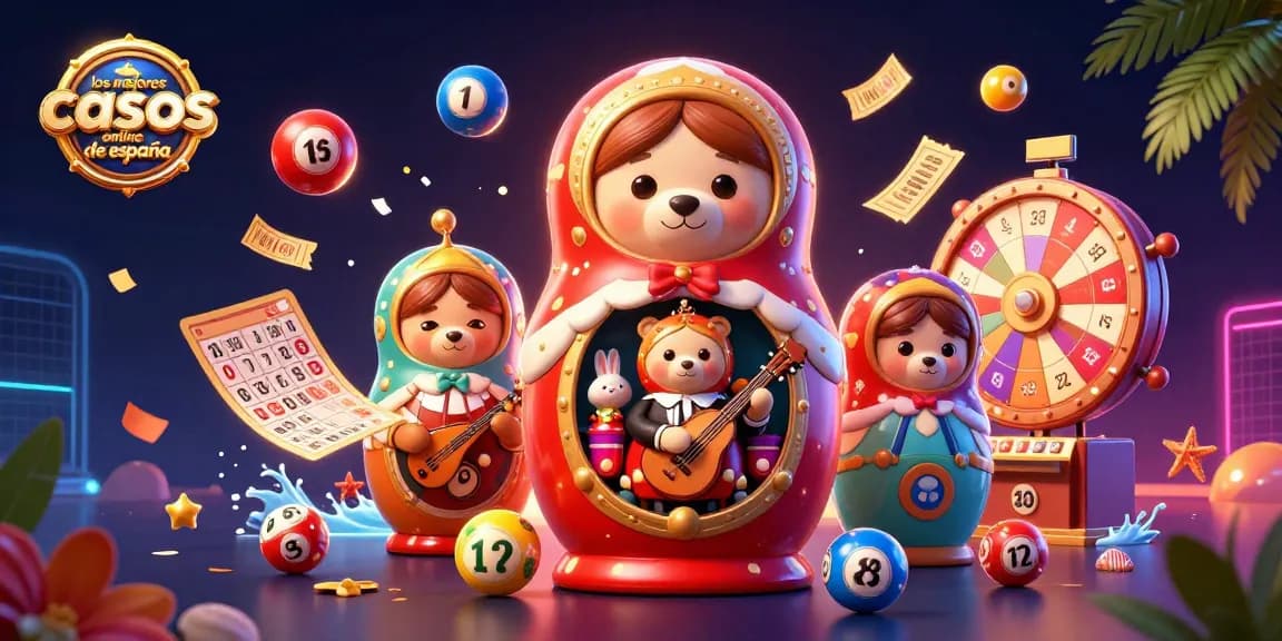 Ilustración de los mejores casinos online de España con una muñeca Matryoshka y elementos de juego.