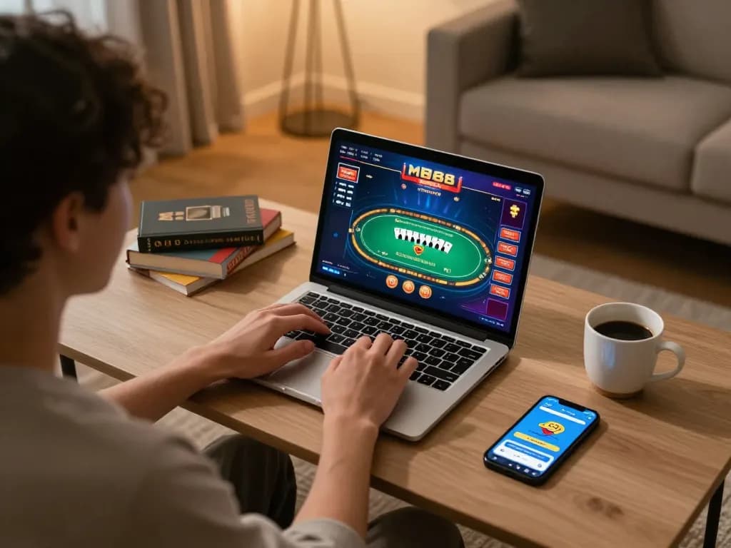 Engaging with MB88's online casino through a laptop with vibrant poker interface in a cozy home setting.