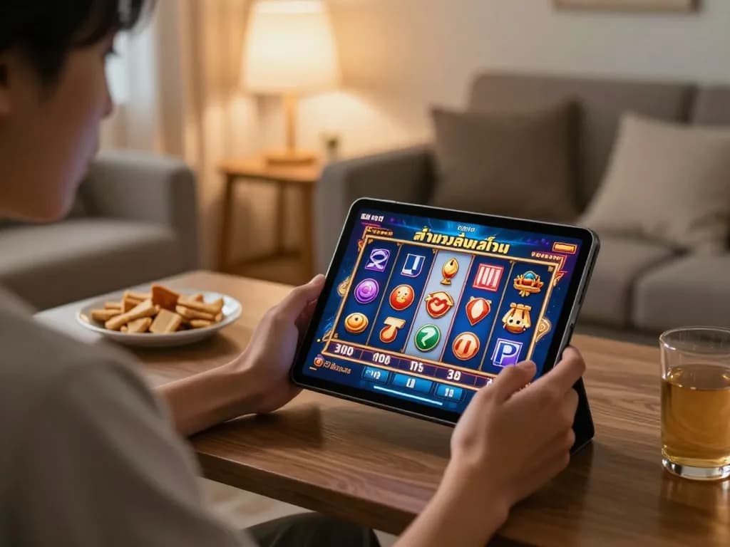 Playing ทดลองเล่นสล็อต on a tablet in a cozy living room with vibrant slot graphics.