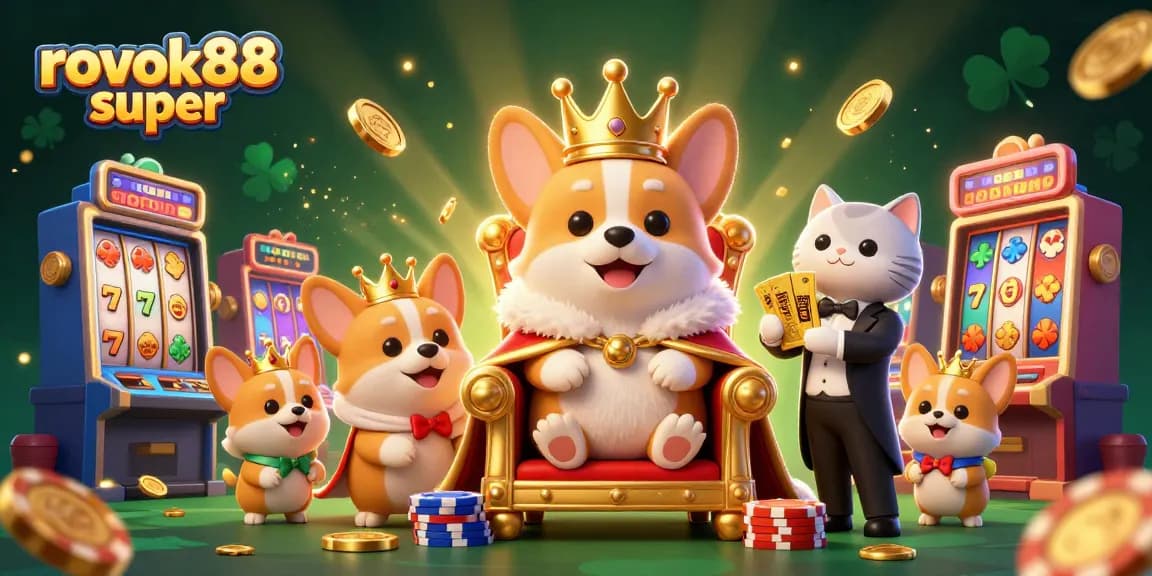 Play in style with rokok88 super at vibrant 3D slot machines, crowned corgi surrounded by golden treasures.