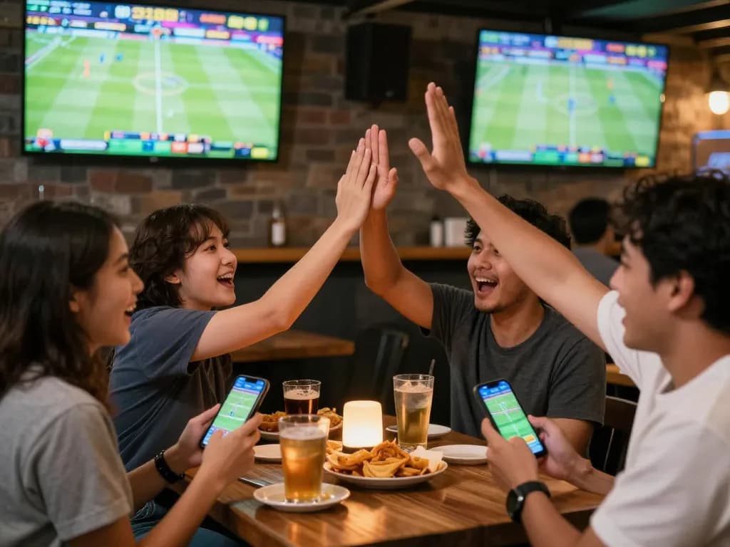Spectators placing bets on the fly88 app while enjoying live sports at a bustling bar