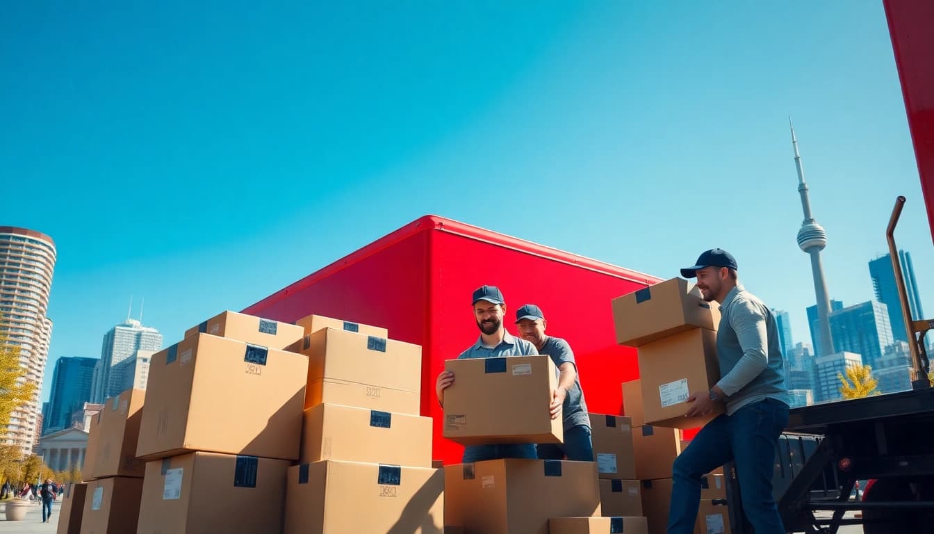 Toronto movers loading boxes onto a truck in the vibrant cityscape of Toronto.