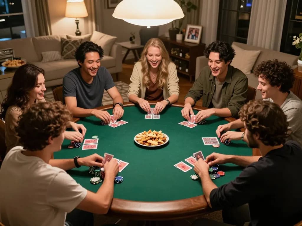 Players enjoying a poker night at home, showcasing strategic gameplay and camaraderie, kubet atmosphere.