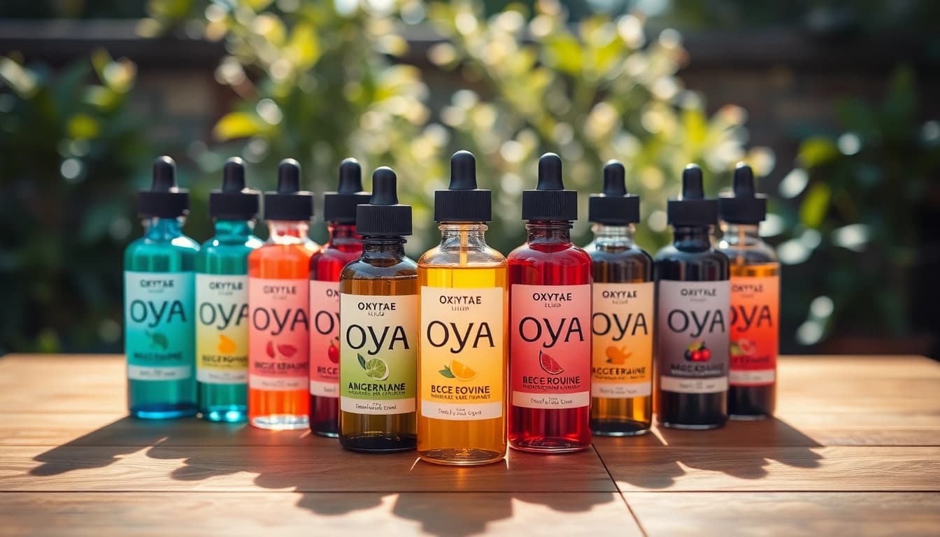 Oxva Liquid Flaschen stilvoll auf einem Holztisch arrangiert und in sanftem Licht hervorgehoben.