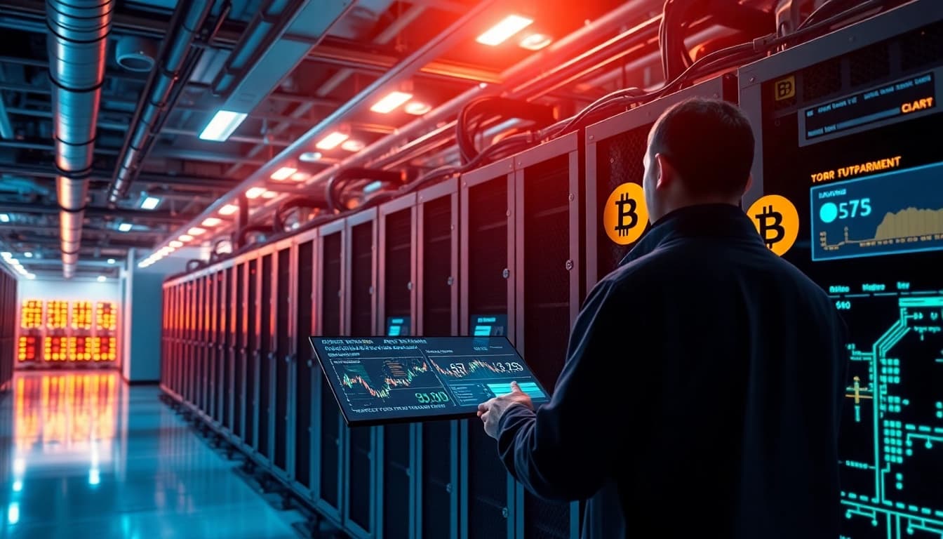Bitcoin mining operation featuring advanced ASIC miners and a technician monitoring performance.