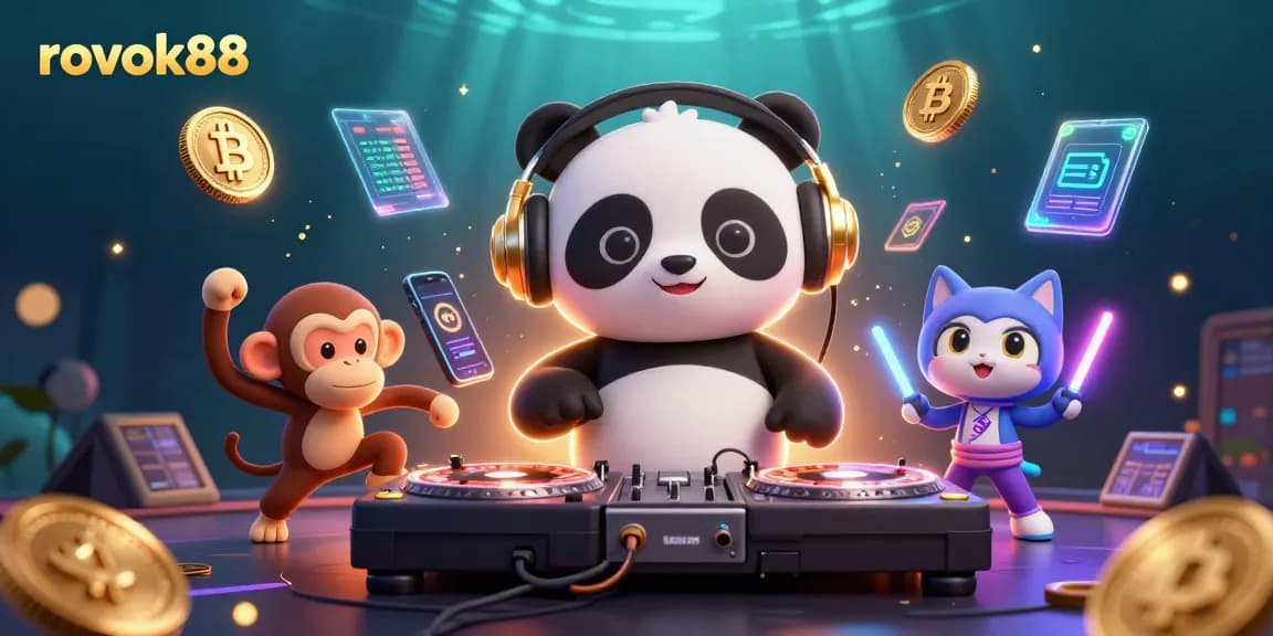 Experience the vibrant energy of rokok88 with spinning DJ panda and breakdancing characters in a virtual casino.
