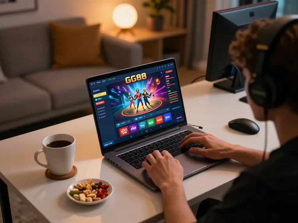Engaging gameplay at GG88 online casino with player focused on laptop.
