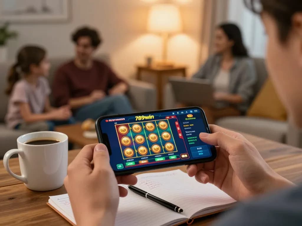 Engaging gaming scene with 789win app on smartphone during a cozy night at home.