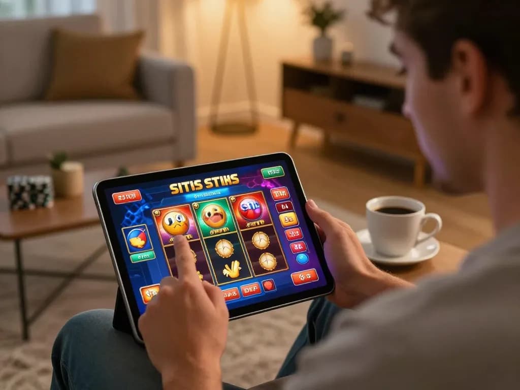 Engaging with situs slot games on a tablet, showcasing vibrant online casino experience.