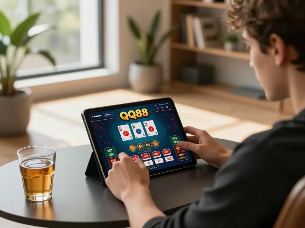 Engaged player using the QQ88 app on a tablet in a stylish home setting.