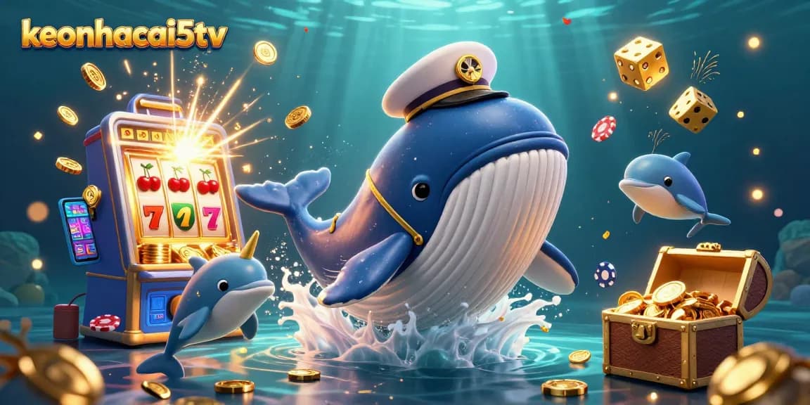 keonhacai5tv features a vibrant illustration of a whale and dolphins winning with casino games