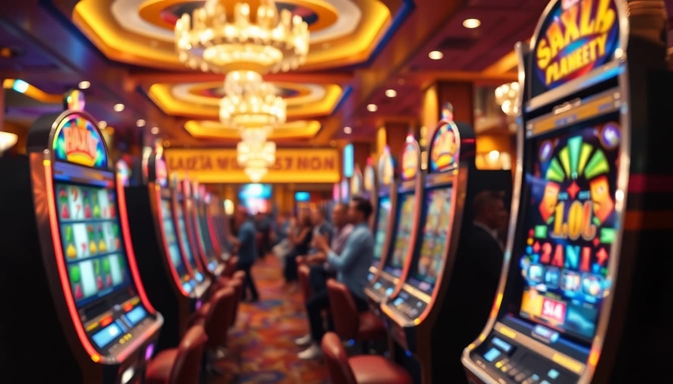 Menang di slot apk dengan mesin slot berwarna-warni dan pemain bersemangat.