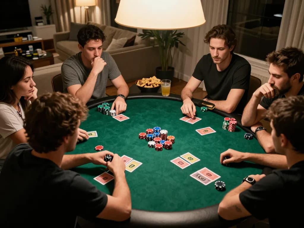 Engaging poker game scene at home, showcasing players and strategy around the c168 table