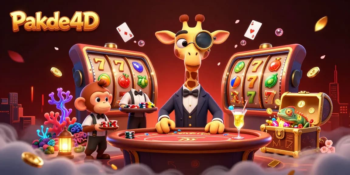 Experience thrilling gameplay at Pakde4D with a high-roller giraffe, valet monkey, and chameleon bartender in a vibrant casino scene.