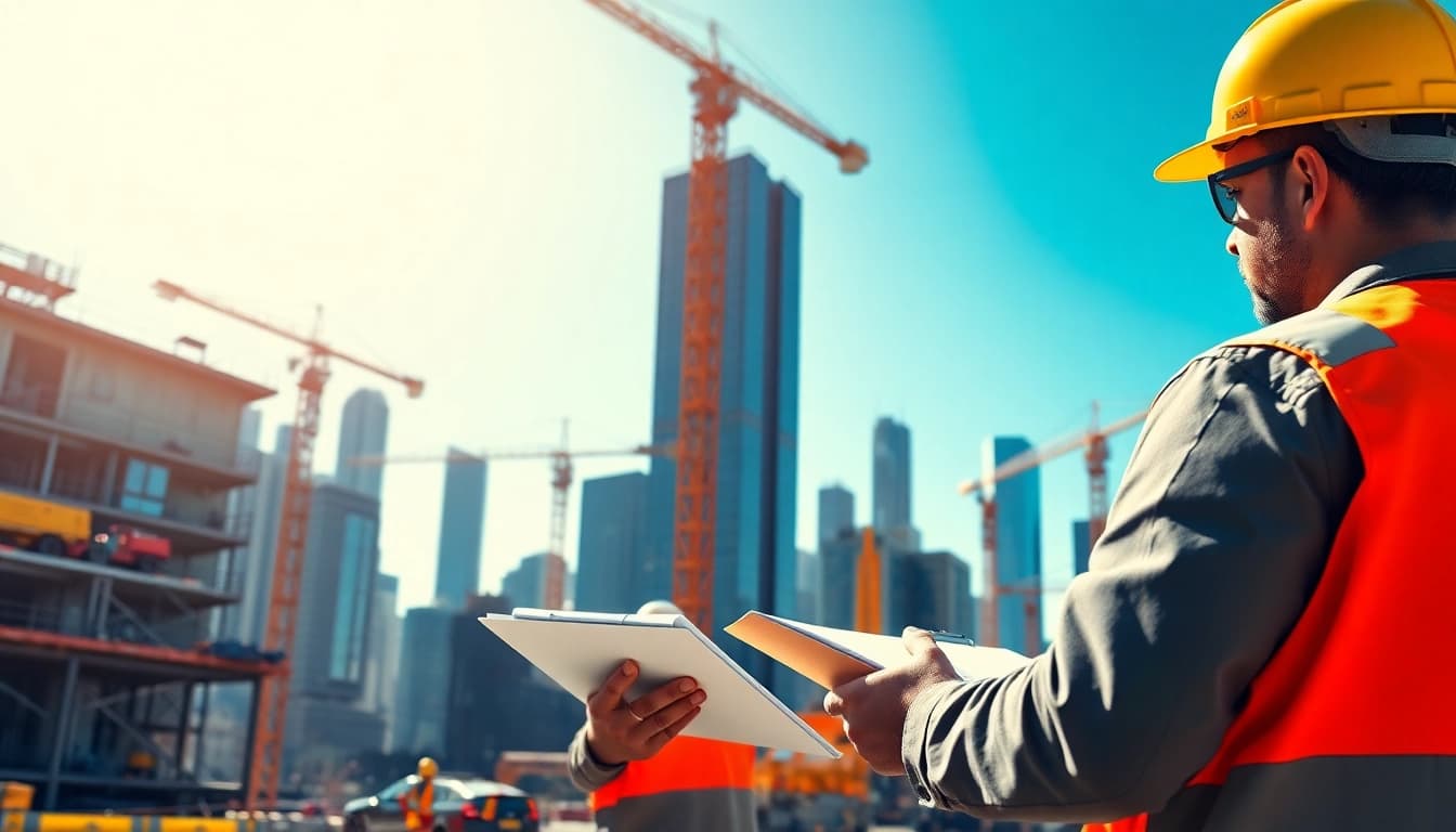 Manhattan Construction Manager directing busy team at construction site with active cranes.