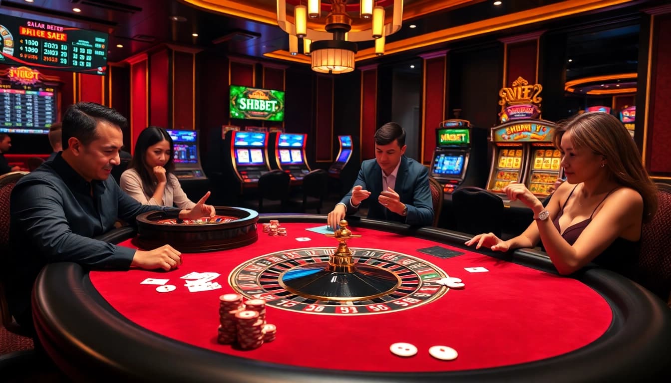 Players enjoying a thrilling game at a Shbet-themed casino table with cards, chips, and roulette wheel.