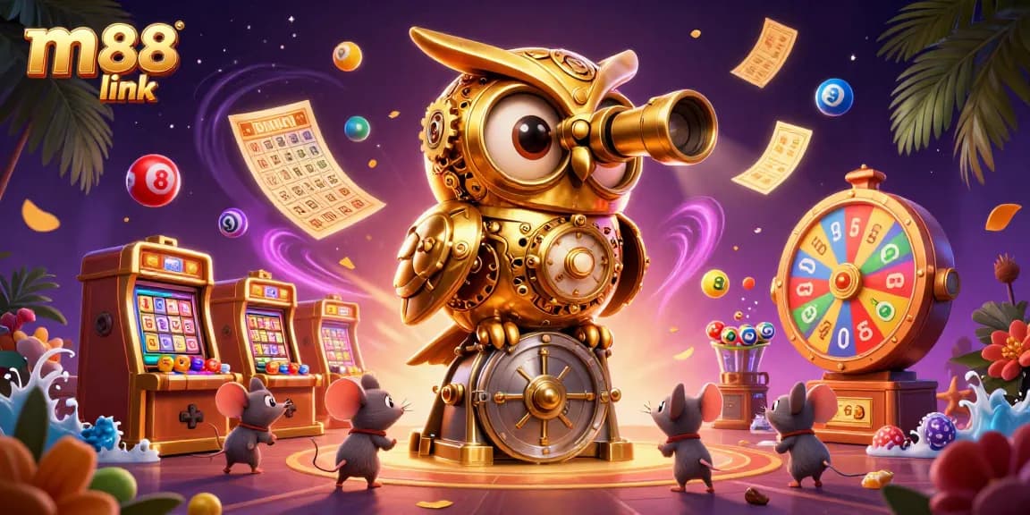 Experience thrilling m88 link excitement with a dynamic casino scene featuring a golden owl and lively patrons.