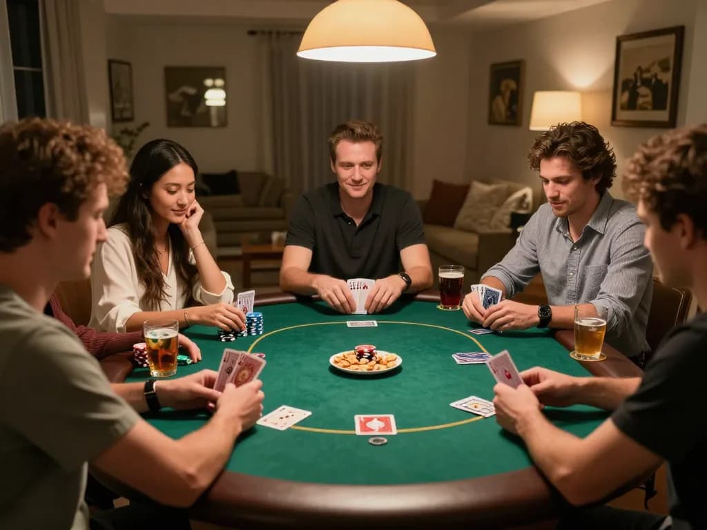 Players enjoying a friendly poker night at home while using rokok88 login for online access.