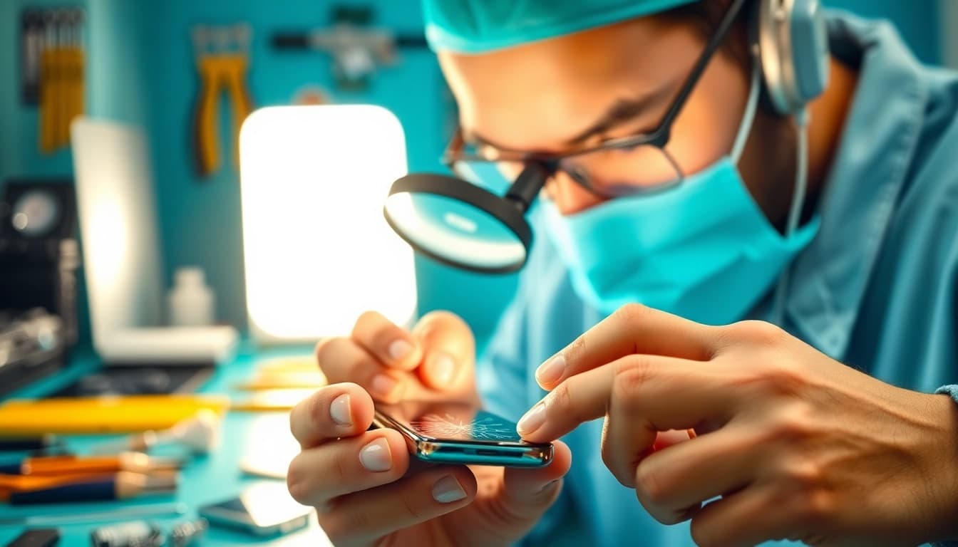 Technician performing screen repair on a cracked smartphone display with tools in view.