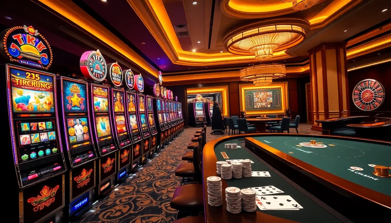 Cảnh chơi game đầy hứng khởi tại tik88 với các máy slot đầy màu sắc và bàn poker.
