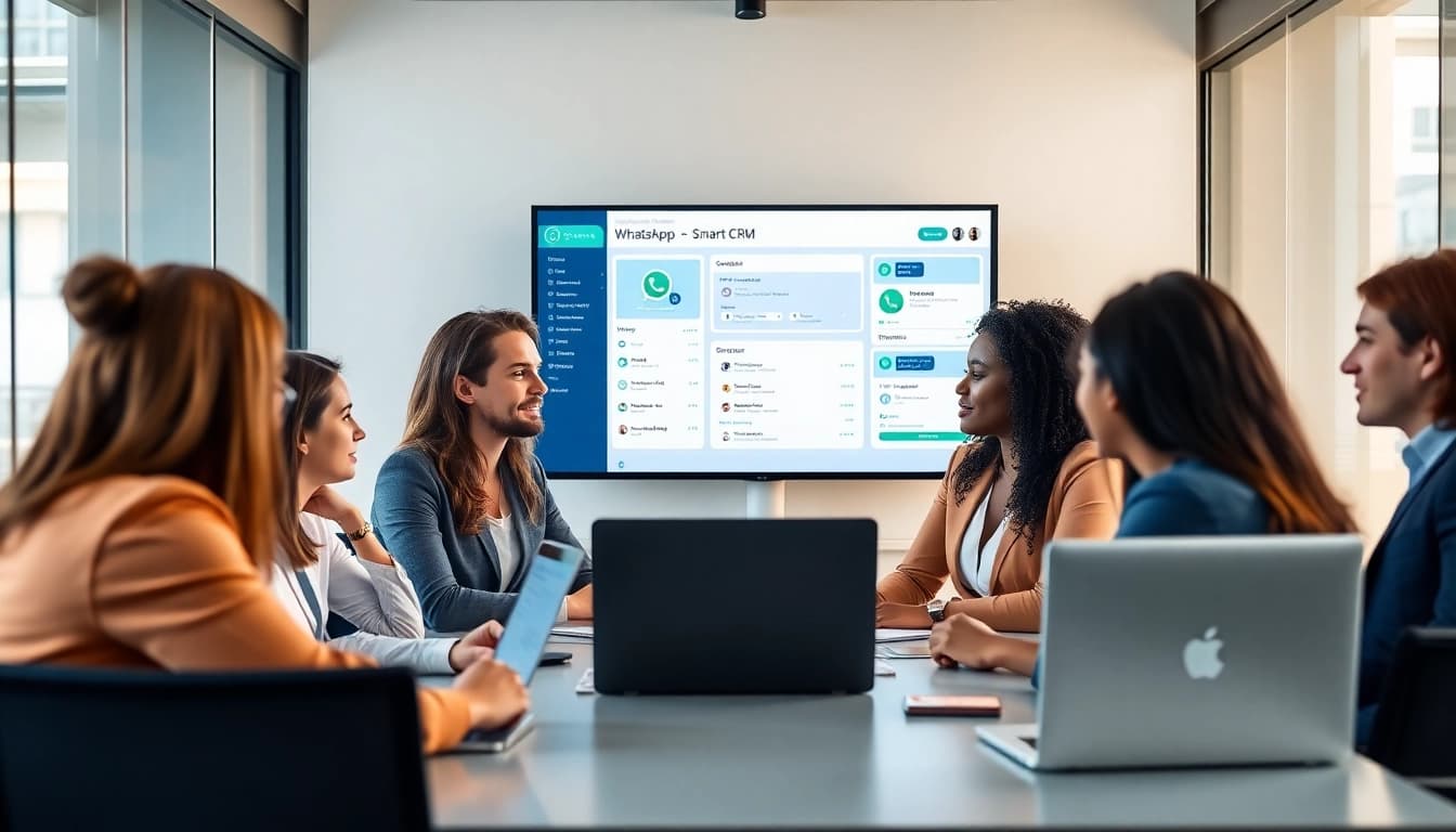 Engaged team discussing features of WhatsApp Smart CRM in a modern office setting.