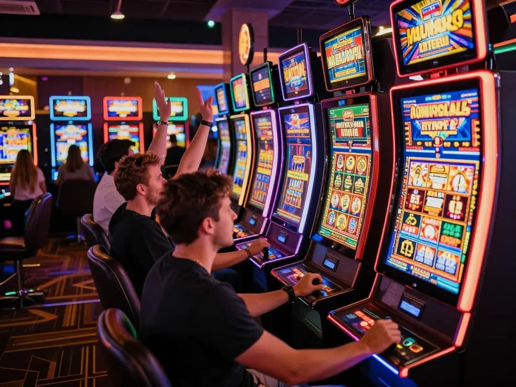 Players enjoying slot machines in a vibrant casino, celebrating wins amidst colorful lights.
