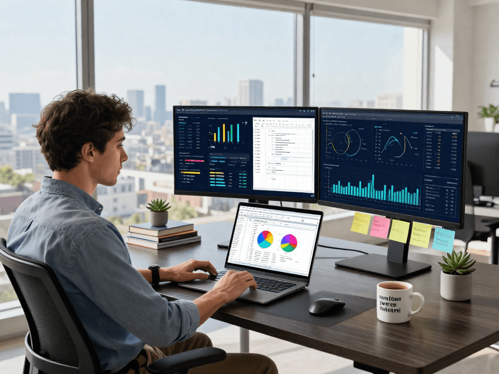 Professional data analyst using crushon ai tools in a modern workspace with dual monitors and city view.