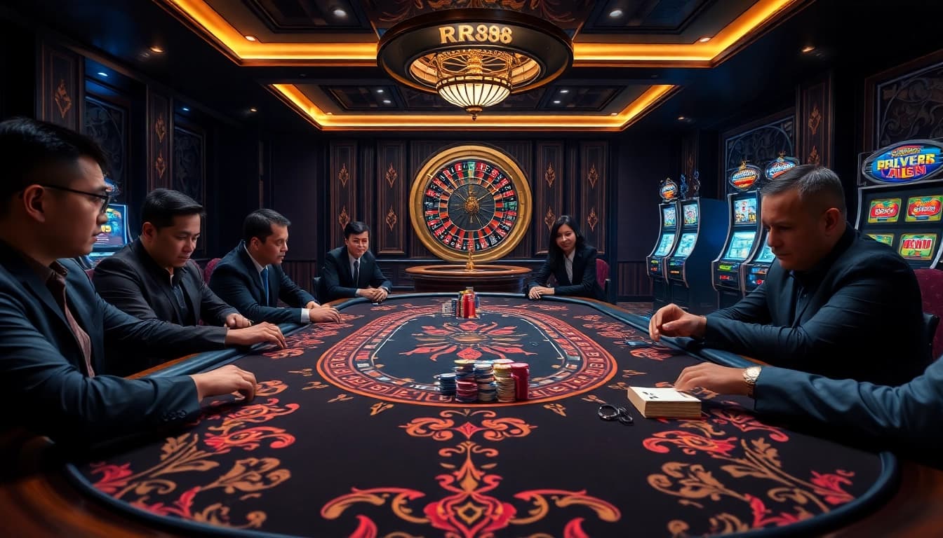 Exciting poker game scene at RR88 with vibrant chips and professional players.