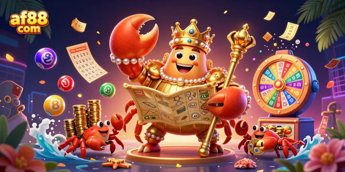 Engage with af88 com in a vibrant gaming scene showcasing a golden crab emperor amidst lottery elements.