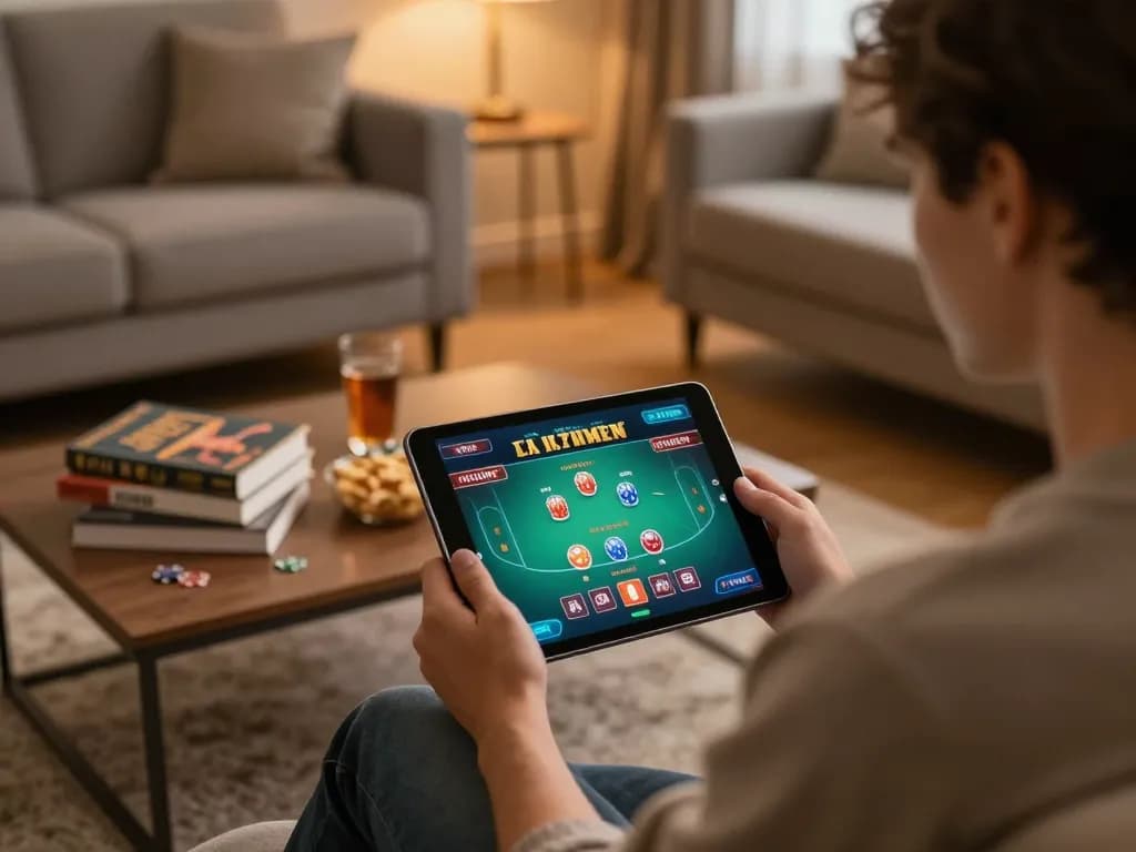 Player engaging with tg88 online poker app in a cozy home setting, highlighting responsible gaming.