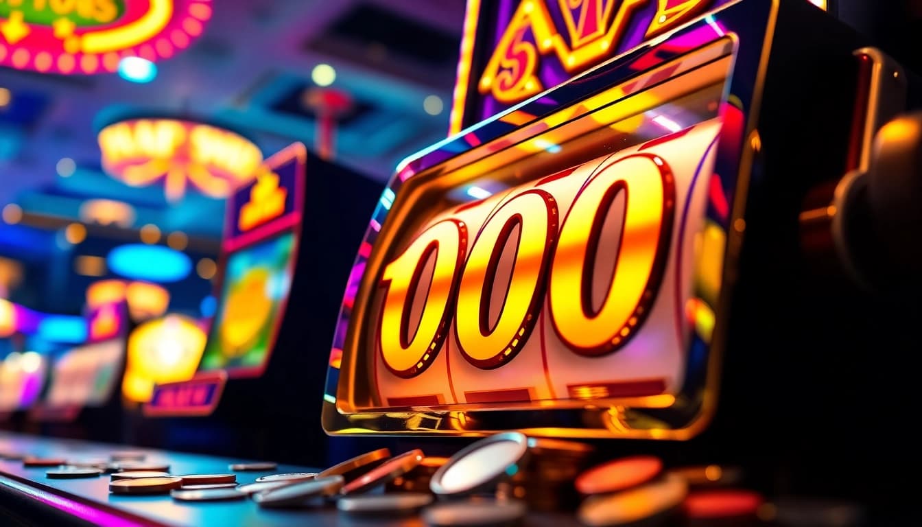 Slot deposit 1000 pada mesin slot berkilau di kasino yang ramai.