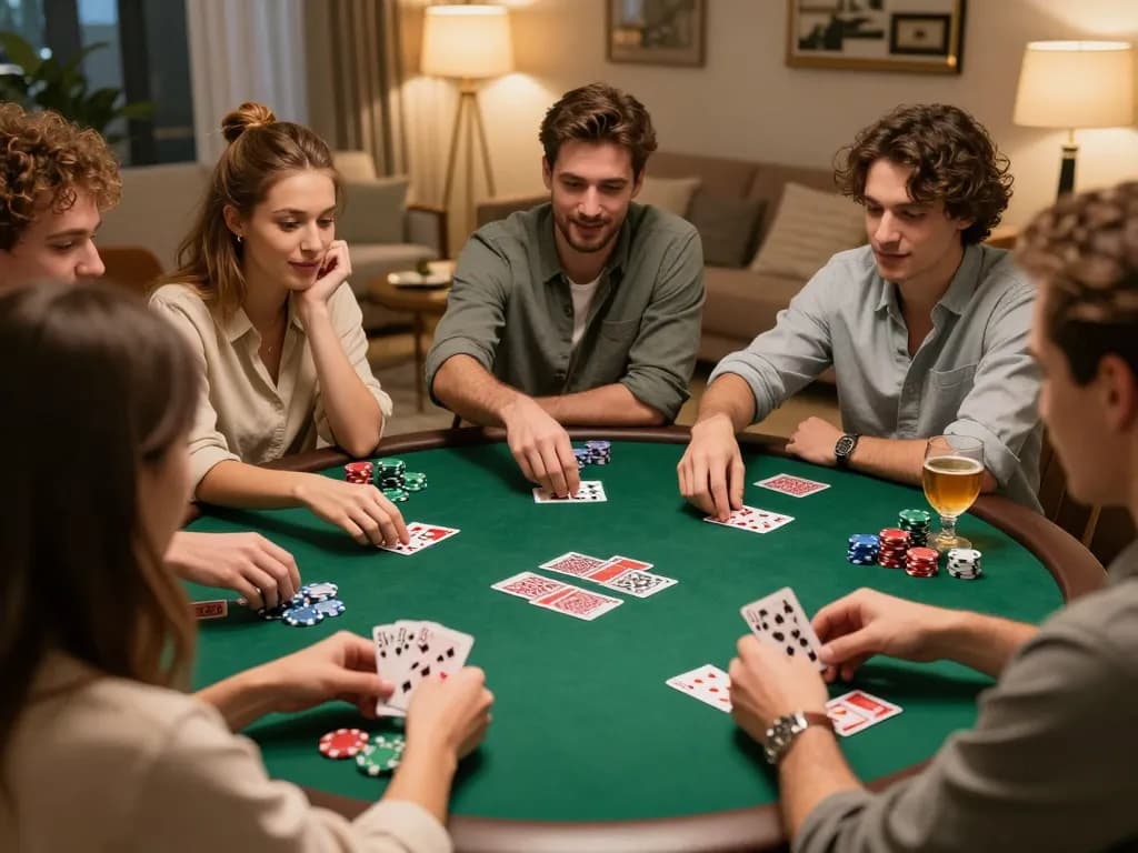 Engaging poker night with friends at home, featuring NHÀ CÁI C168 elements and colorful chips in action.