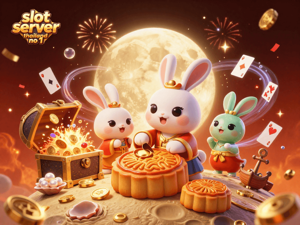 Win big with slot server thailand no 1, an enchanting casino scene featuring playful moon rabbits and vibrant gaming elements.