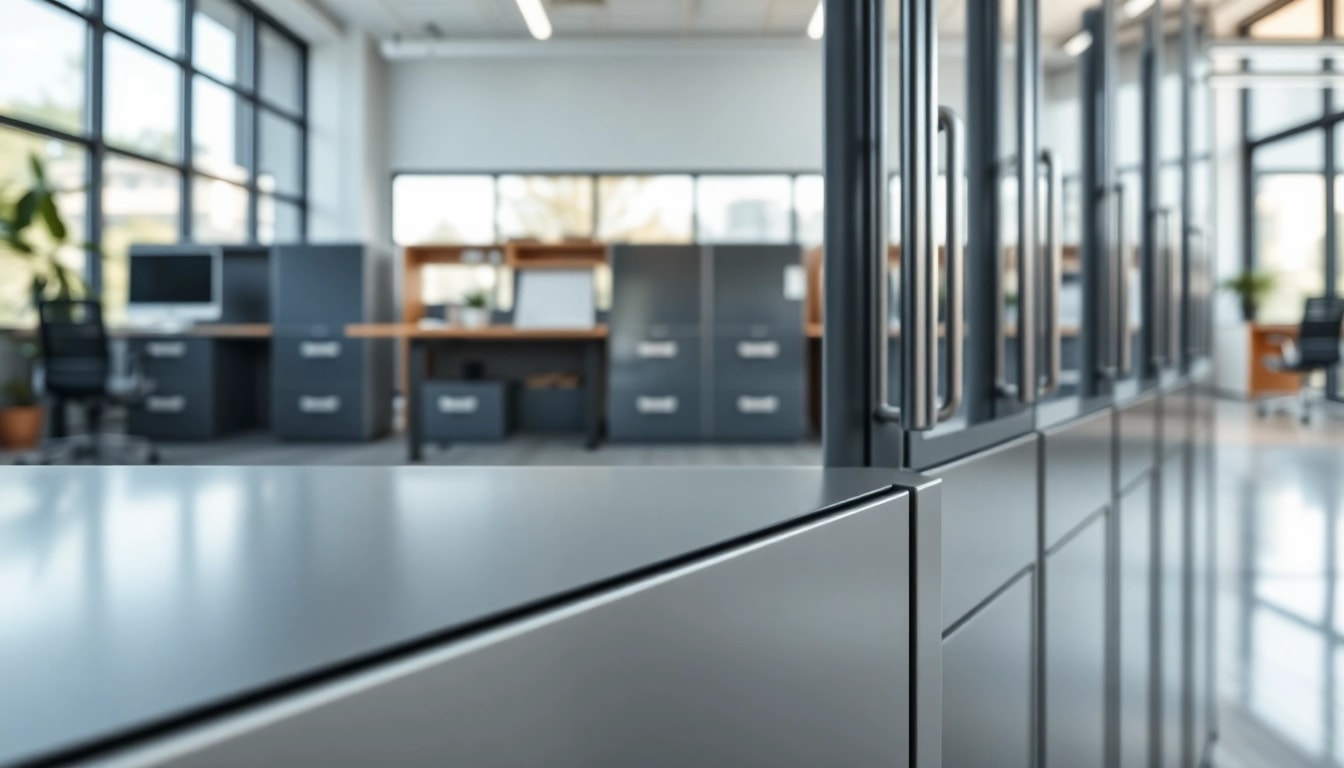 Organizing workspace with a steel cabinet emphasizing durability and style.