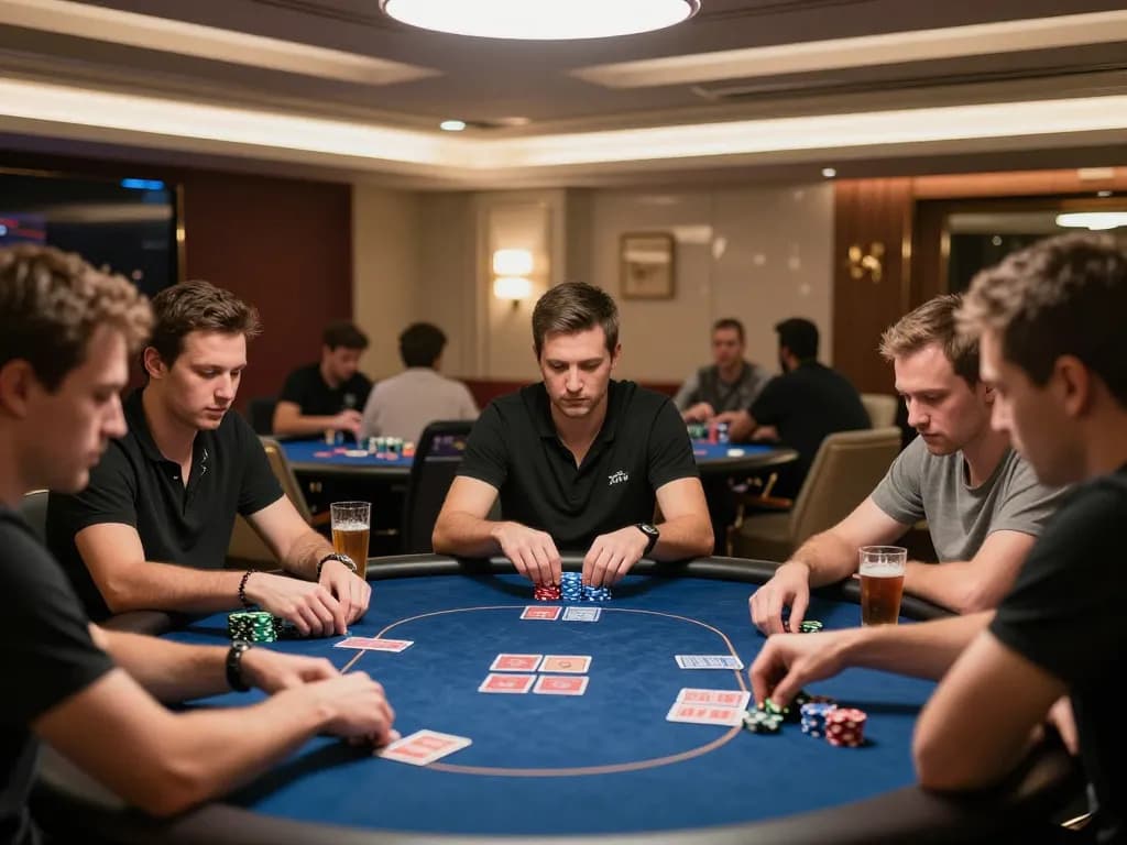 F168 players engaging in intense poker gameplay at luxury casino tables with warm ambient lighting.