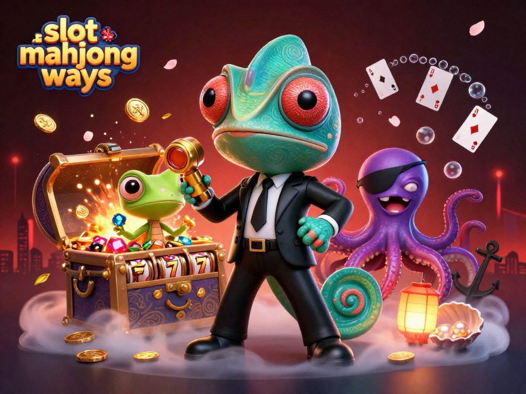 Spin the slot mahjong ways with colorful characters and casino treasures in dynamic 3D illustration.