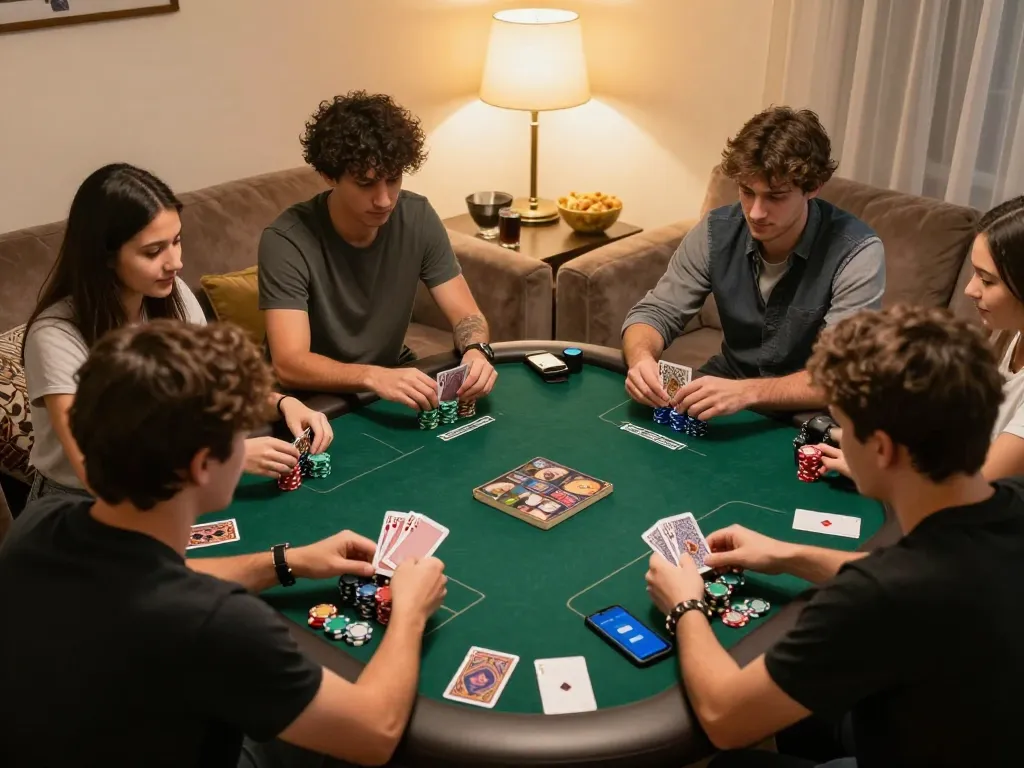 Playing kèo nhà cái 5 poker with friends in a cozy home setting, highlighting competitive strategy.