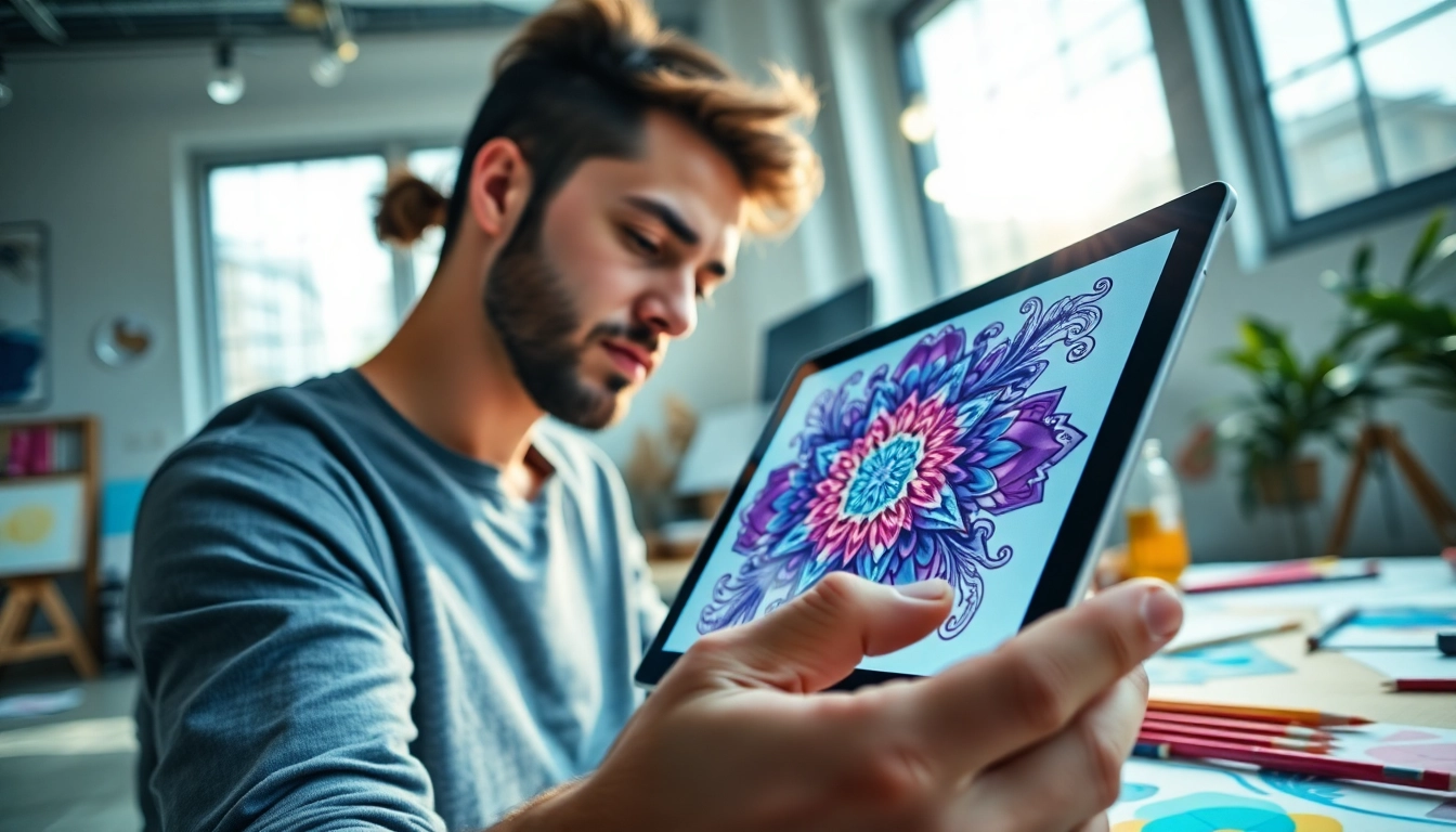 Create stunning visuals with this image generator showcasing a digital artist in action.