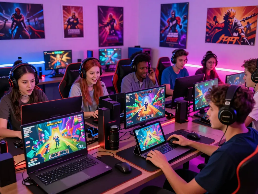 Gamers playing free porn games on various devices in a vibrant gaming setup.