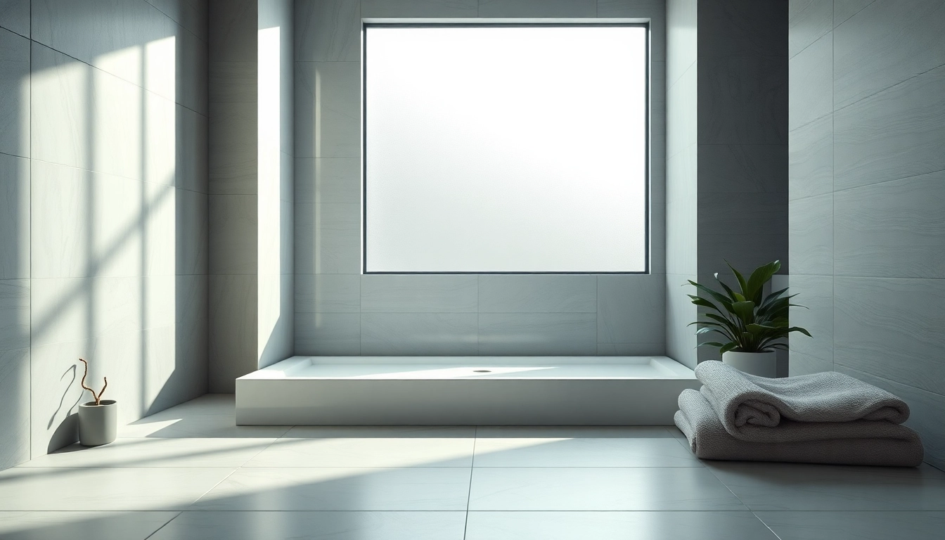 Elegant shower base in a modern bathroom highlighted by soft lighting and greenery.