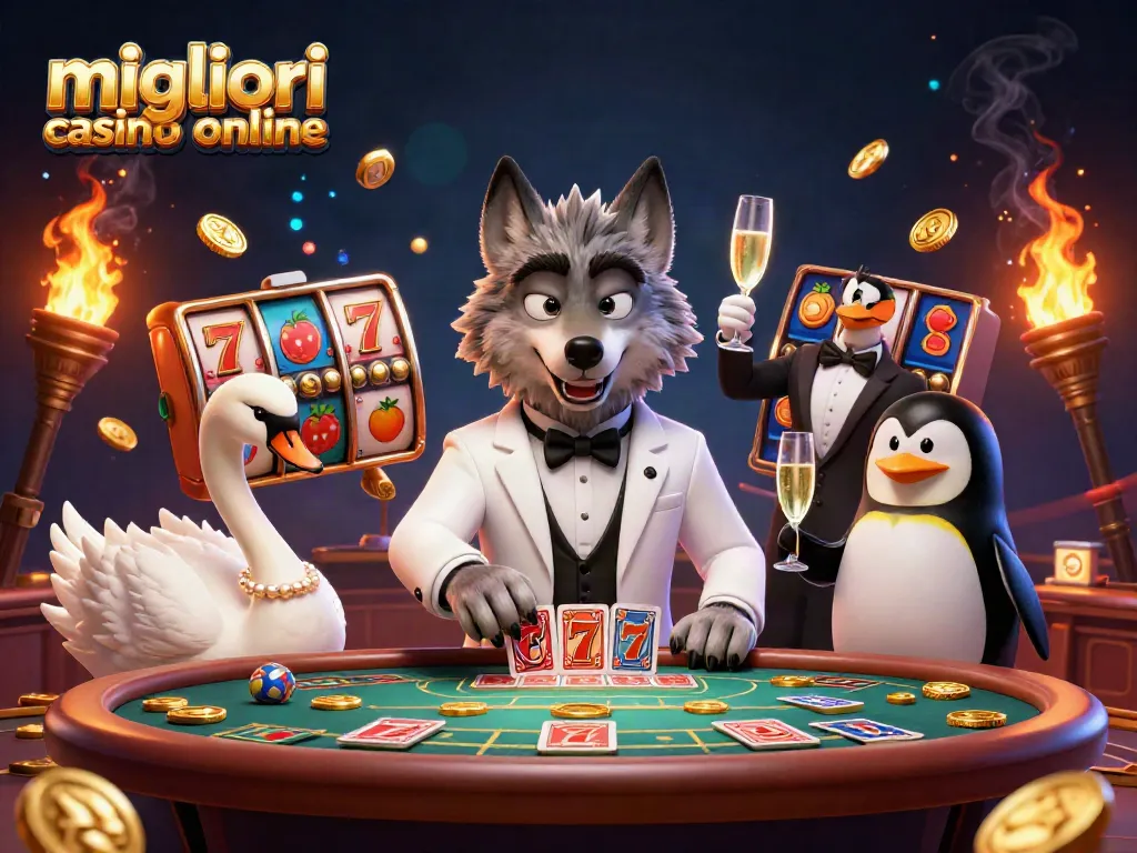 Giocando nei migliori casino online, una scena animata con un lupo elegante e simboli di slot.