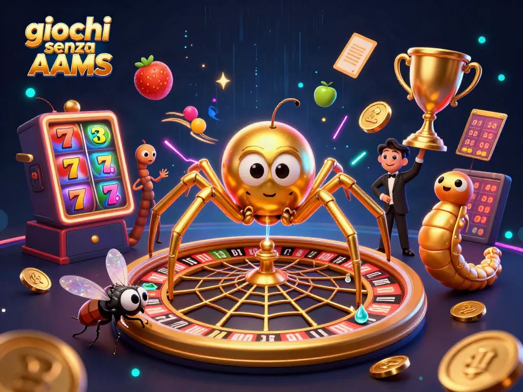Gioca ai giochi senza AAMS in un mondo brillante di roulette e simboli di slot d'oro.
