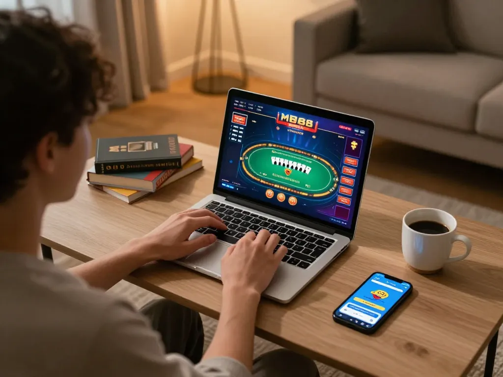 Engaging with MB88's online casino through a laptop with vibrant poker interface in a cozy home setting.