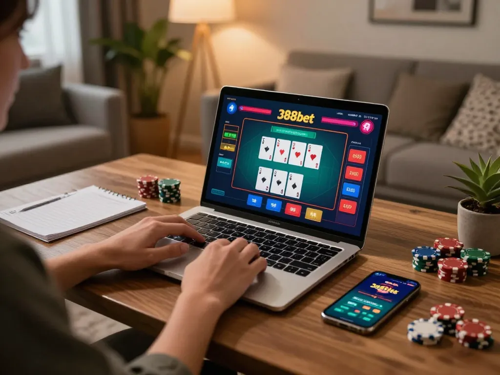 Engaging online gaming experience on 388bet with laptop displaying live poker interface.