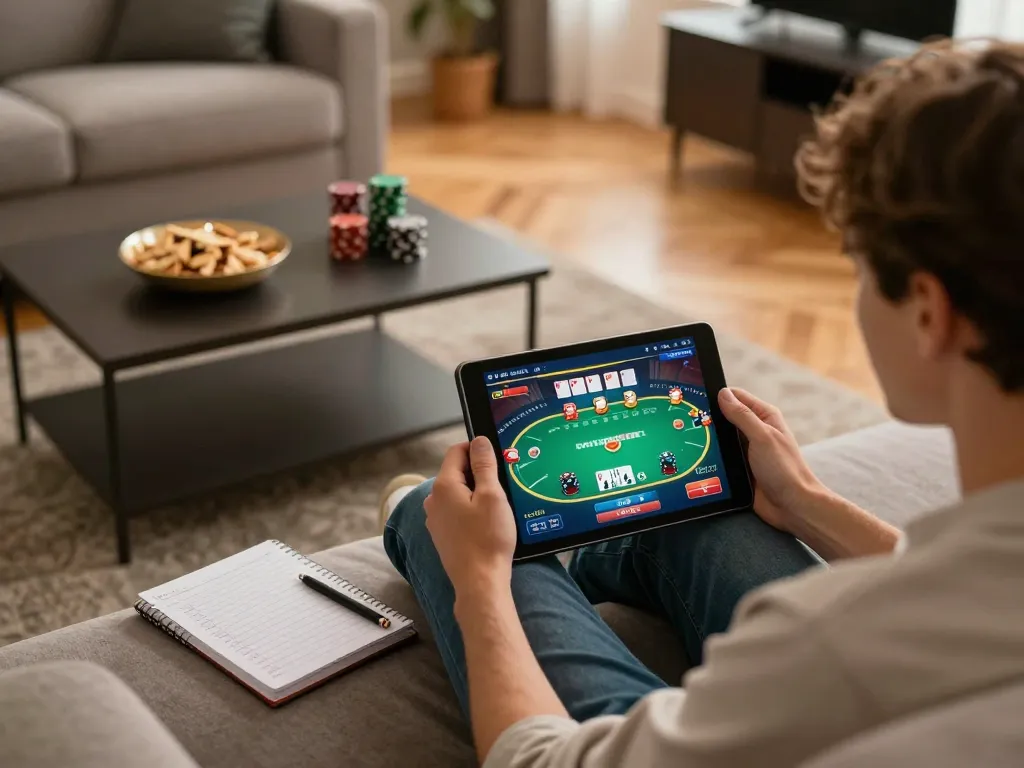 NHÀ CÁI CM88 showcases thrilling online gaming with a player engaged in a poker game on a tablet in a cozy home setting.