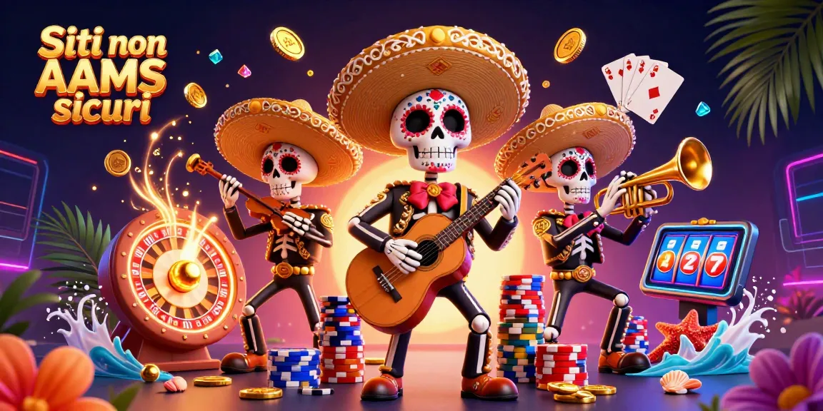 Giocare nei siti non AAMS sicuri con un'illustrazione vivace della banda mariachi di Dia de los Muertos.