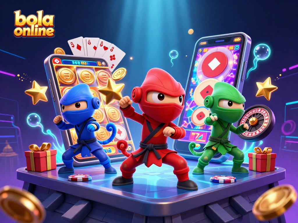 Bola online slots brought to life with a ninja chameleon team battling amidst coins and games.