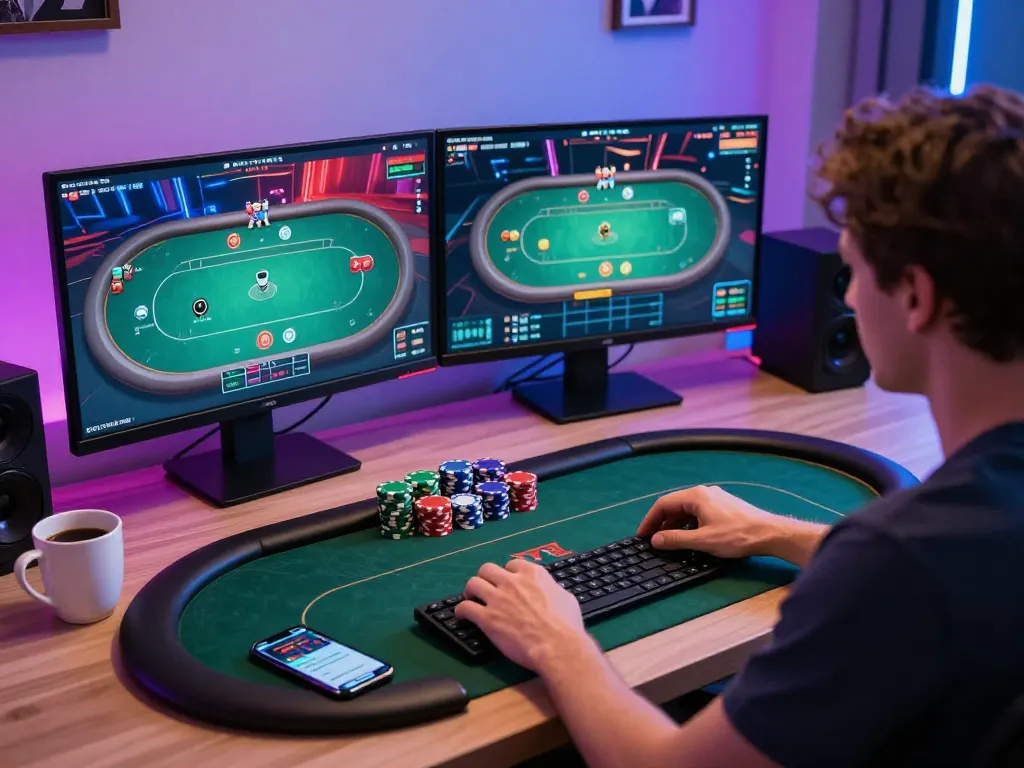 Pemain terlibat menikmati poker online di pengaturan kantor rumah modern, menunjukkan suasana permainan yang dinamis.
